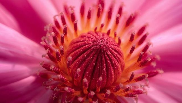 Macro detail of magenta waterlily center with ribbed pistil, yellow ring and pollen
