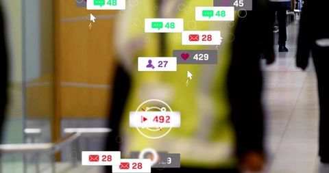 Mall worker walking with reflective vest and floating social media notifications overlay