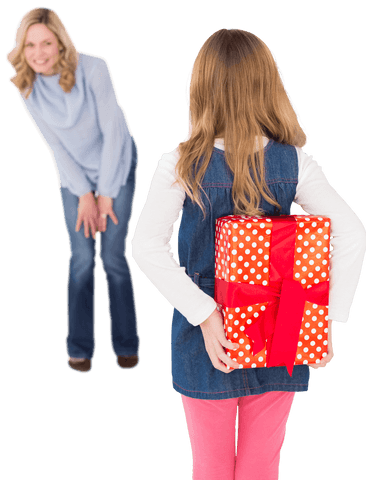 Charming scene depicts young girl hiding a gift behind her back, surprising her smiling mother. 