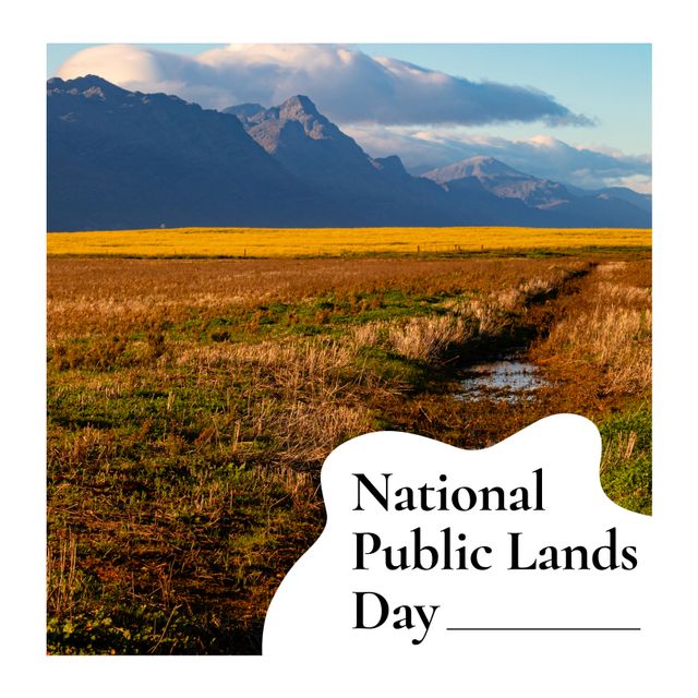 Depicting a serene mountain landscape, this image celebrates National Public Lands Day. The clear sky, open fields, and majestic mountains in the background evoke feelings of tranquility and connection with nature. Ideal for environmental campaigns, social media posts about conservation efforts, and educational materials promoting public land awareness and appreciation.