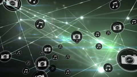 Digital Network of Photography and Music Icons with Glowing Connections