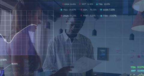 diverse team members engaged in business analysis while discussing data overlays and growth diagrams in high-tech office. useful for illustrating concepts of modern business strategies, digital transformation in companies, and collaborative workplace environments.