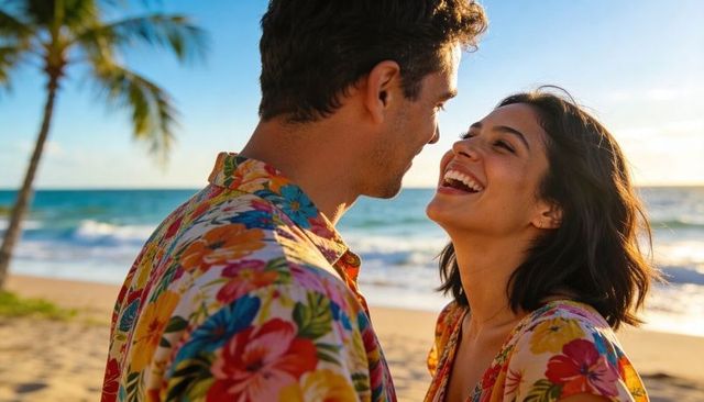 Laughing couple in vibrant floral shirts on tropical beach at golden hour