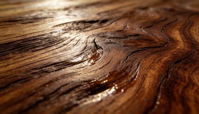 Macro polished wood slab showing rich grain, glossy varnish sheen and warm reflections