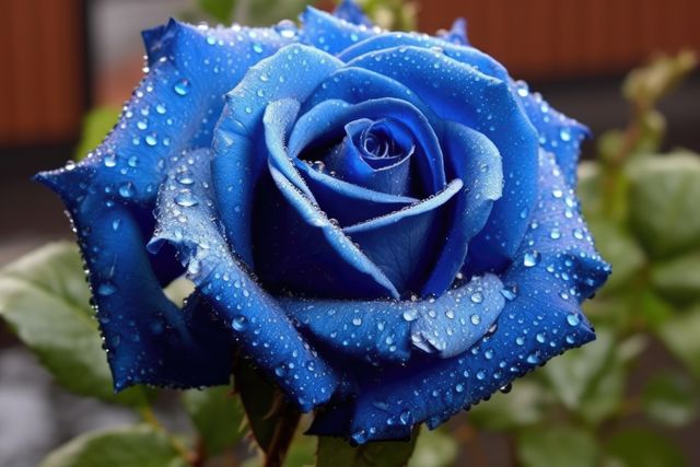 This image shows a close-up of a vibrant blue rose covered with dewdrops. Blue roses are often associated with mystery and uniqueness. This image is ideal for use in gardening magazines, floral arrangement blogs, nature photography collections, and as decorative art for both digital and print media.
