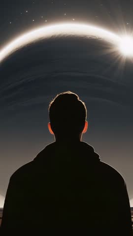 Hooded silhouette standing, watching cosmic dawn over planetary horizon in desert