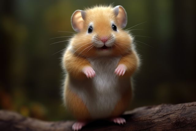 Close up of cute hamster perched on wood on grey background, created using generative ai technology. Pet, animal and rodent concept digitally generated image.