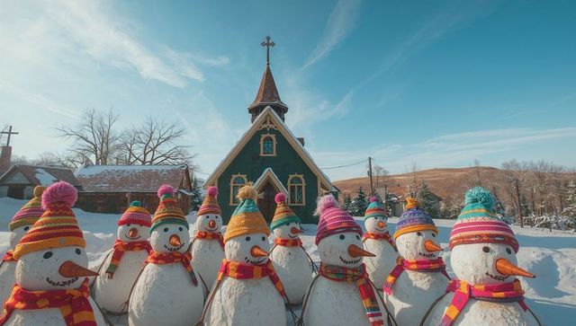 Snowmen in Colorful Hats and Scarves Outside Quaint Church