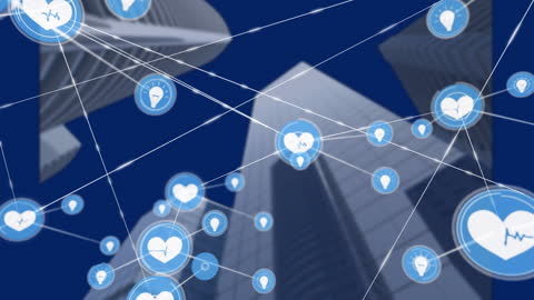 Digital Network Icons Over Skyscrapers Highlighting Technology Concept