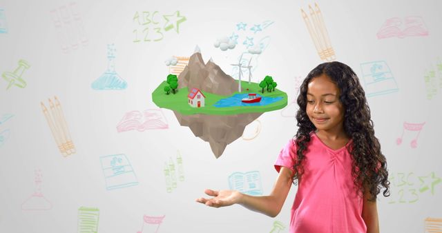 Visual showcases a young girl imagining while floating educational concepts surround her. Could be used for educational content, creativity encouragement, child development, school programs or learning development. Image highlights imagination and creative thinking in children.