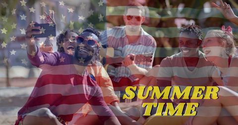 Happy Friends Taking Beach Selfie with USA Flag Overlay