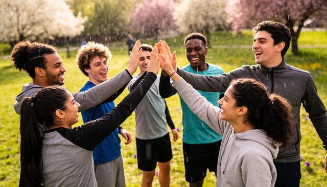 Multicultural friends giving group high-five in spring park, celebrating in light rain