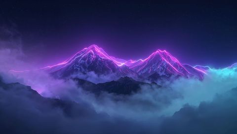 Neon mountain dreamscape magenta ridgelines snowy peaks misty valley under starry sky