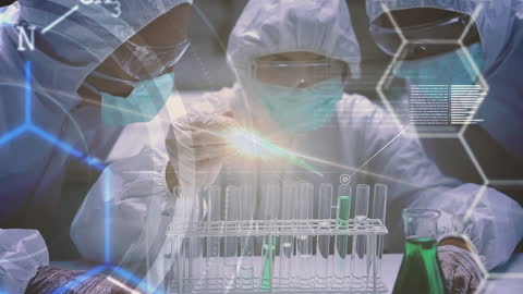 Lab Scientists Analyzing Samples with Advanced Data Analytics Overlay