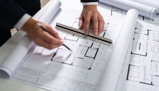 Architect drafting detailed residential floor plan using scale ruler and pencil on desk