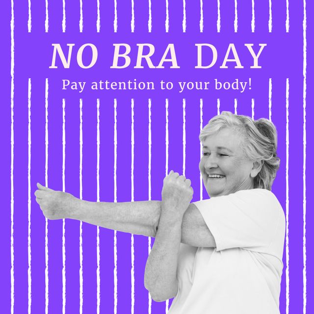 Image of no bra day and happy fit caucasian woman on violet background from  Pikwizard