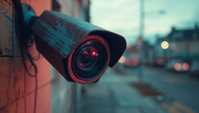 Urban security camera at dusk with red glow on tiled wall