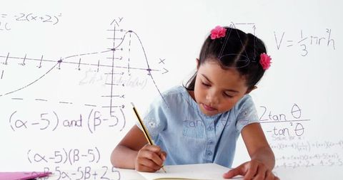 Schoolgirl solving algebra and geometry problems with pencil and notebook on whiteboard