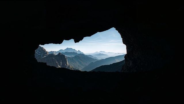 Dramatic mountain range framed by cave opening featuring layered peaks and morning mist
