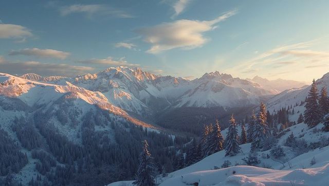 Golden Glowing Snow-Capped Peaks Over Serene Winter Valley