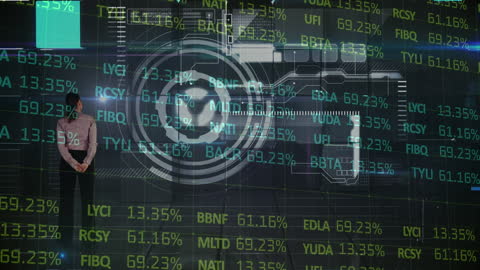 Female Executive Analyzing Data Projections in Futuristic Setting