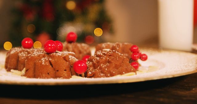 Christmas Chocolate Bundt Cakes with Red Berries on Festive Table - Download Free Stock Images Pikwizard.com