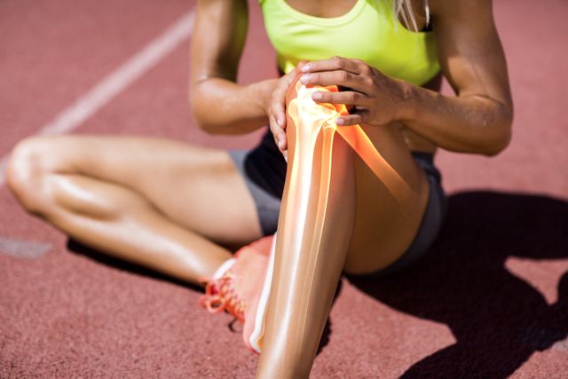This image is suitable for illustrating articles or blog posts about sports injuries, particularly knee injuries. It can also be used for medical guides, physical therapy content, or advertisements for sports medicine products. The combination of sunlight and the visible track highlights the athletic environment.