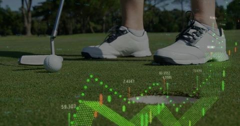 Female Golfer Framing Putt Closeup with Golf Analytics Overlay and Data Visualization