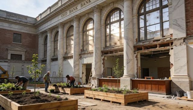 Workers planting urban courtyard garden during neoclassical bank renovation with planters