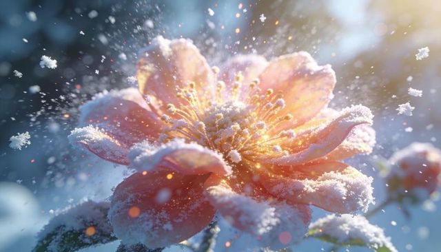 Glowing pink blossom with frost crystals and sunlit golden stamens, macro snowflake bokeh