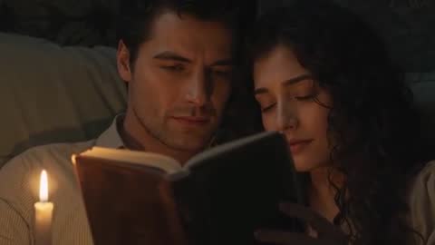 Couple Reading by Candlelight on Sofa, Sharing Book and Cuddling in Cozy Evening