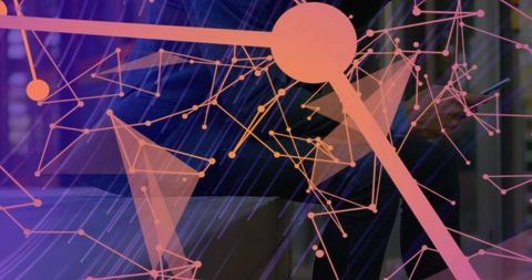 Vibrant abstract network overlay in server room with connected nodes and geometric facets