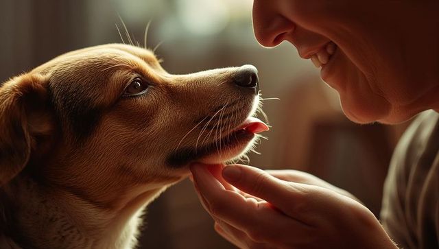 Woman Smiling While Cupping Small Dog's Chin in Warm Window Light, Close-Up Portrait