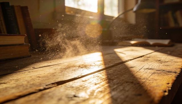 Sunlight Streaming Across Worn Wooden Tabletop With Floating Dust Motes