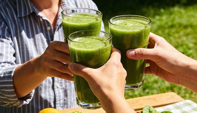 Three adults toasting with fresh green smoothies outdoors in sunny garden gathering healthy