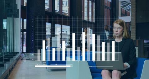 Businesswoman Analyzing Data on Laptop with Bar Chart Overlay in Modern Office D97