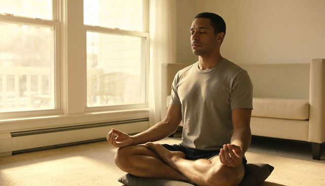 Man meditating in sunlit living room practicing mindfulness and relaxation daily