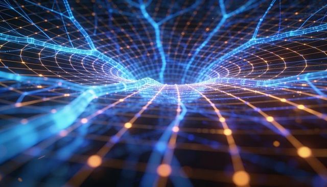 Glowing neural mesh warping into central data funnel with luminous nodes and filaments
