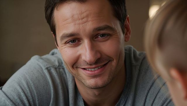 Warm closeup of smiling father leaning toward child in cozy living room with soft lamp glow