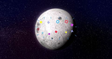 Rotating cratered moon with vibrant geometric shapes in outer space