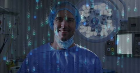 Surgeon in Blue Scrubs with Digital Technology Symbols