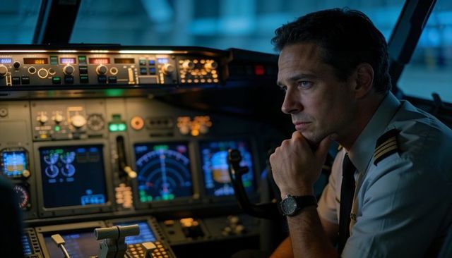 Airline captain studying cockpit avionics at night, pilot monitoring flight instruments