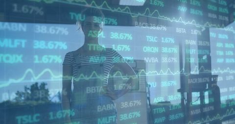 Woman Fueling Car with Financial Data Overlay