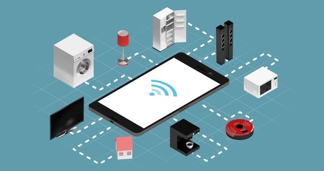 Illustration showing various household appliances connected to a smart phone, symbolizing a smart home network. Ideal for technology and home innovation blog posts, smart home product promotions, and articles about modern home convenience and IoT solutions.