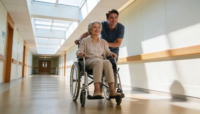 Smiling caregiver pushing senior woman in wheelchair down bright hospital corridor with skylight