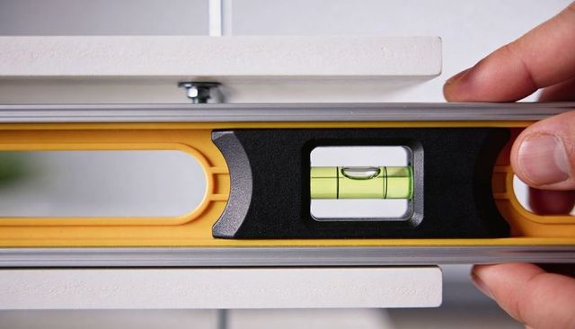 Holding yellow-black spirit level aligning panels with centered bubble for precise fit