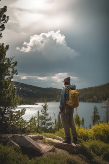 Caucasian female hiker standing on rock and looking at lake created using generative ai technology. Nature, mountains and hiking concept digitally generated image.