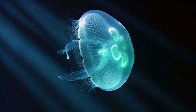 Bioluminescent moon jelly drifting through dark ocean rays with glowing bell and tentacles