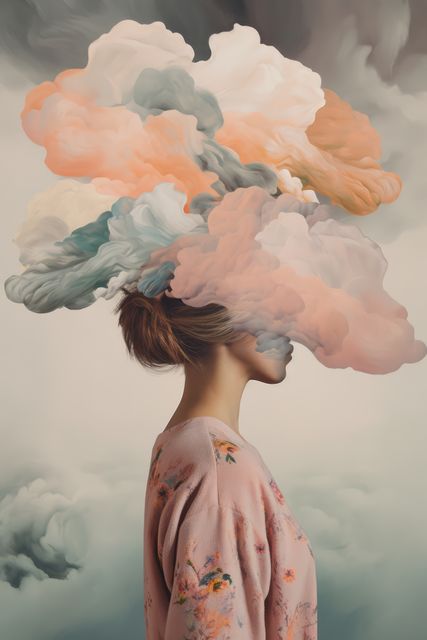 This surreal image depicts a woman with pastel-colored clouds emanating from her head, creating an ethereal and dreamy atmosphere. The artwork is ideal for illustrating concepts related to creativity, imagination, dreams, and abstract thoughts. Perfect for use in artistic projects, conceptual designs, or as visual inspiration for creative minds.