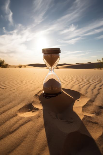 Hourglass placed prominently on desert sand with a dramatic sky background, suggesting the passage of time. Ideal for themes of time, patience, solitude, and natural beauty. Can be used for motivational posters, advertisements related to time, or inspirational articles about nature and life's pace.